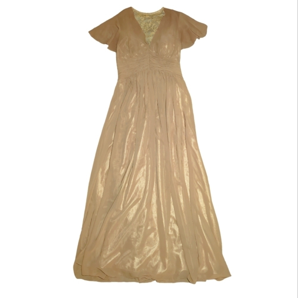 Vintage Poly USA Shimmery Gold Maxi Lace Back Dress Size XL